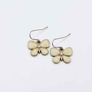 Pretty Dainty Butterfly Dangly Earrings in Enamel Cream Silver Tone